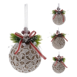 Vianočná guľa 8 cm čipkovaná so stuhou, zlaté trblietky, mix/1ks