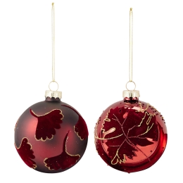8 cm burgundy glass Christmas ornament, decorated with velvet leaves (assorted / price per (2)