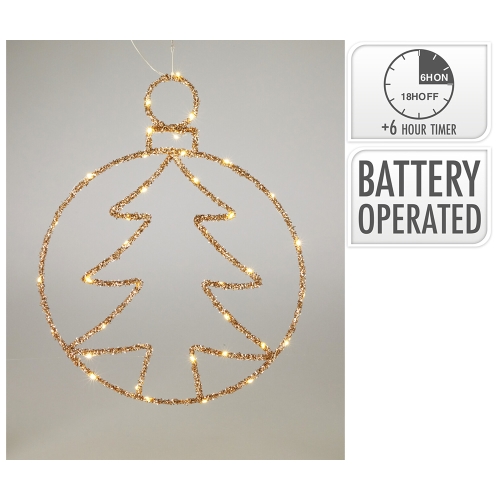 Circle with tree and LED light, 48 cm, gold glitter (2 variants)