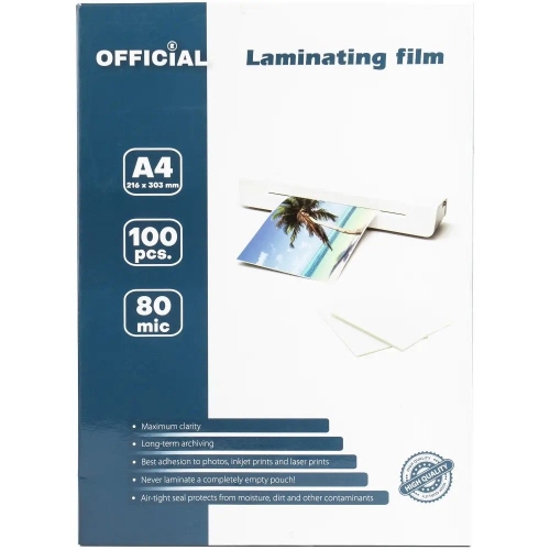 Laminating films A4 glossy 216 x 303 mm, 80 microns / pack. 100 pcs