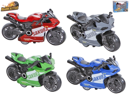 Roadblasters 4asstd color 9cm die cast pull back motorbike in WBX