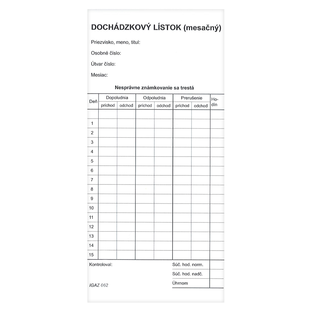 Dochádzkový lístok -mesačný) 9x19 cm, kartón (62)