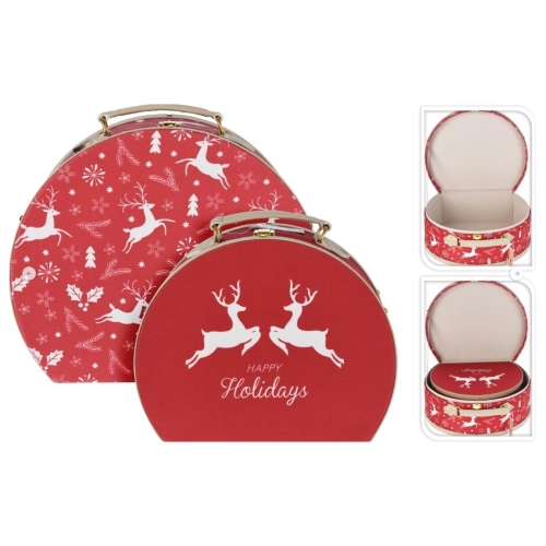 Vianočná sada kufríkov, červená farba, dekor biely sob