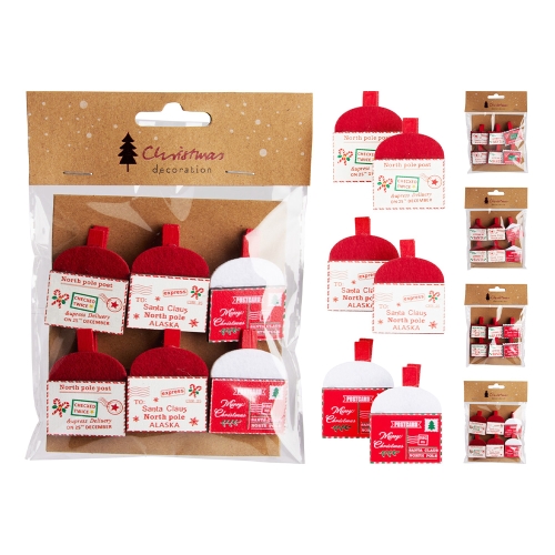 Decoration - wooden pins with Christmas envelope, mix/set 6pcs