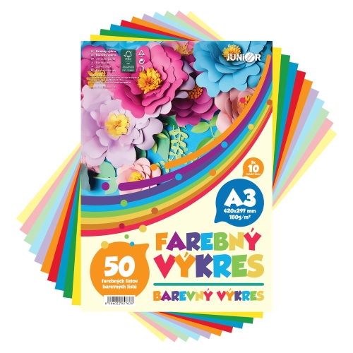 A3 Color Drawing Paper, 180 g/m2 - Set of 50 Sheets (5 sets of 10 colors)
