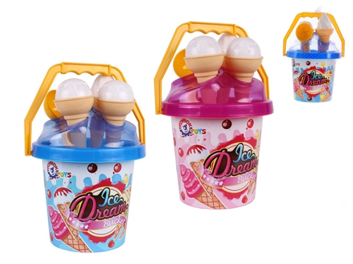 28cm 2asstd color 5pcs plastic set on sand w/bucket 12m+ in net