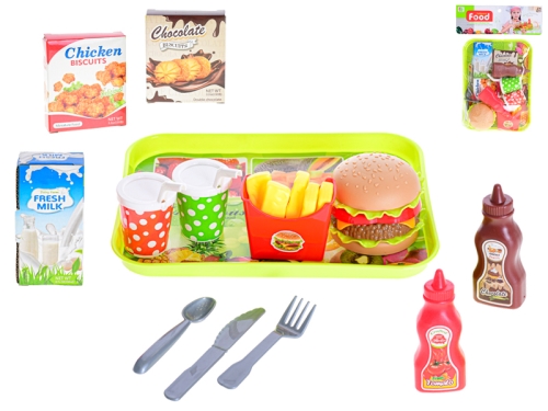 13pcs of plastic fast food play set on tray 26x19cm in PVCbag w/header