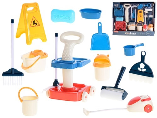 Cleaning play set w/20cm plastic cleaning trolley 16pcs in WBX
