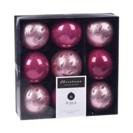 Vianočné gule - sada 9 ks ružové, priem. 60 mm, mix matná dekor/lesklá
