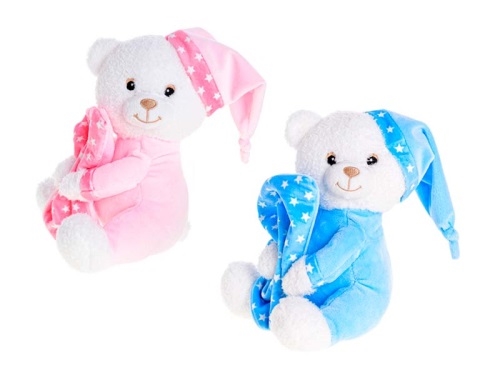 2asstd color (blue, pink) 15cm plush rattle bear w/blanket  and hat 0m+