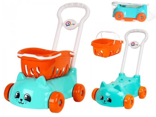 Plastic turquoise shopping cart w/cat design and removable basket in net