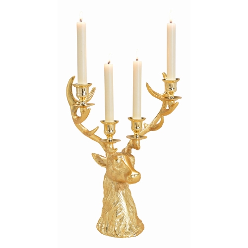 Svietnik na 4 sviečky s hlavou jeleňa 30x18x40 cm, zlatý-kovový