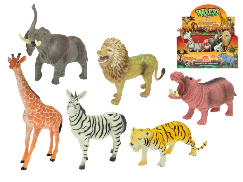 6asstd (hippo,elephant,giraffe,lion,tiger,zebra) 15-20cm plastic safari animals 12pcs in D