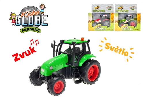 Kids Globe Farming traktor kov 11cm na zotrvačník na batérie so svetlom a zvukom 2farby v