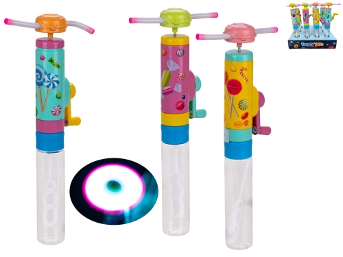 3asstd color (blue,pink,yellow) 21,5cm plastic BO "try me" bubble fun fan w/light 12pcs in