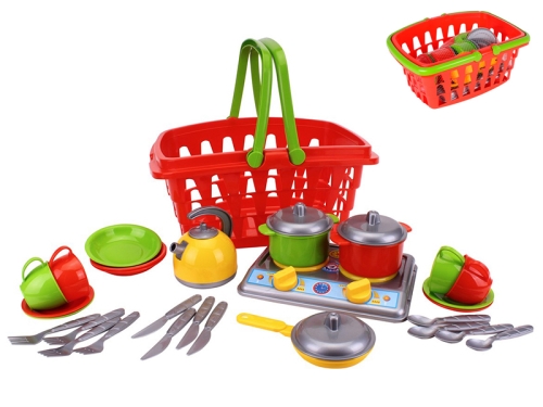 35x17cm plastic basket w/set of kitchenwear and stove in net