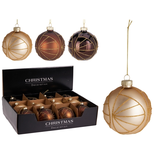 Christmas ball 80 mm, glittered gold decor (mix of 3 colours, price /1 pcs)