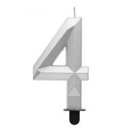 Sviečka tortová - číslica "4" Diamant 7,6 cm, strieborná metalická