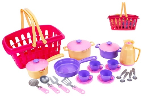 26pcs of plastic cookware set in basket in net