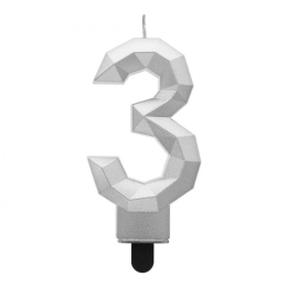 Sviečka tortová - číslica "3" Diamant 7,6 cm, strieborná metalická