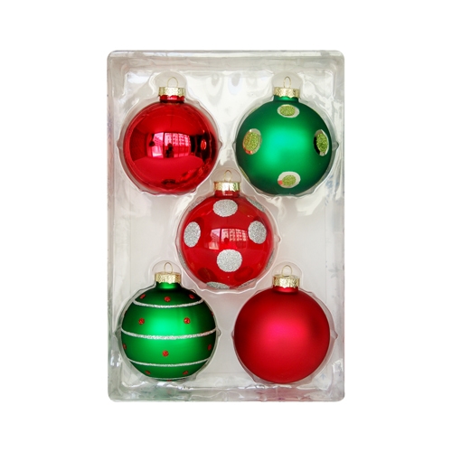 Vianočné gule - sklenené 67 mm/červeno zelené, sada 5ks