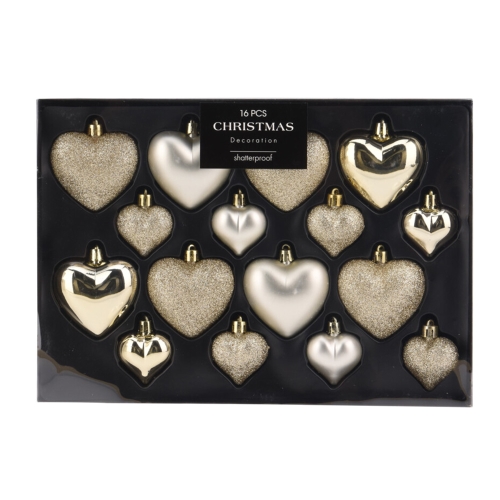 Christmas ornaments 65/45 mm hearts - golden champagne (set of 16 pcs)
