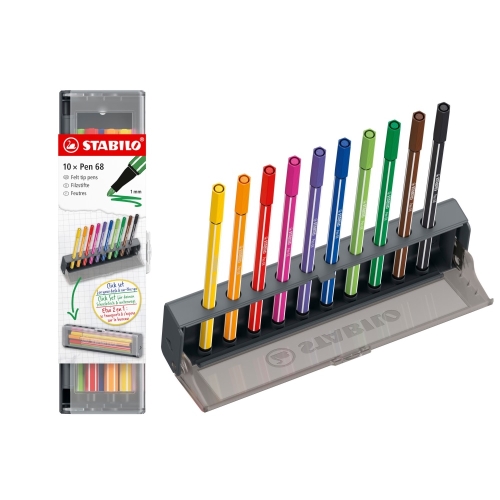 Fixy vláknové STABILO Pen 68 Click Set - stojan na stôl a peračník v jednom (sada 10 ks)