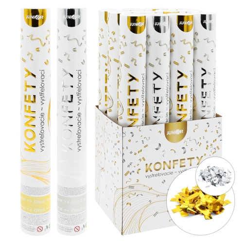 Vystreľovacie konfety - tuba 40 cm, mix - zlaté/strieborné metalické obdĺžniky