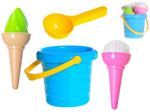 Ice cream plastic set on sand w/bucket in net