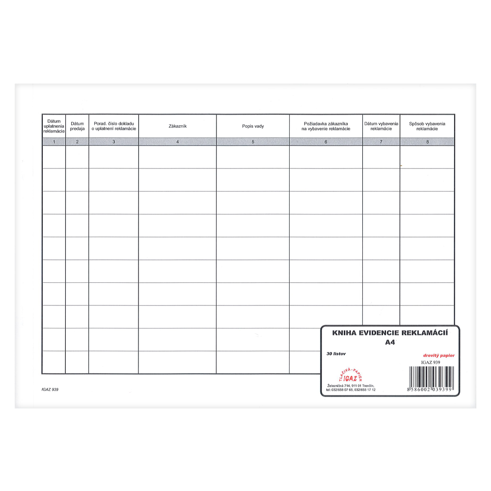 Kniha evidencie reklamácií, 30 listov, (IGAZ 939)
