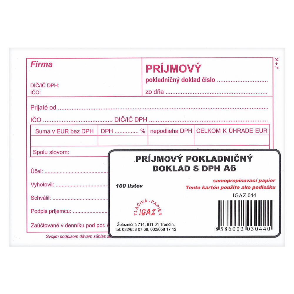 Príjmový pokladničný doklad, A6, 100 listov,samoprepis s DPH  (IGAZ 44)