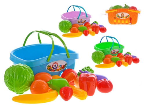 4asstd color (blue, pink, green, orange) plastic fruit and vegetables 24m+ in net