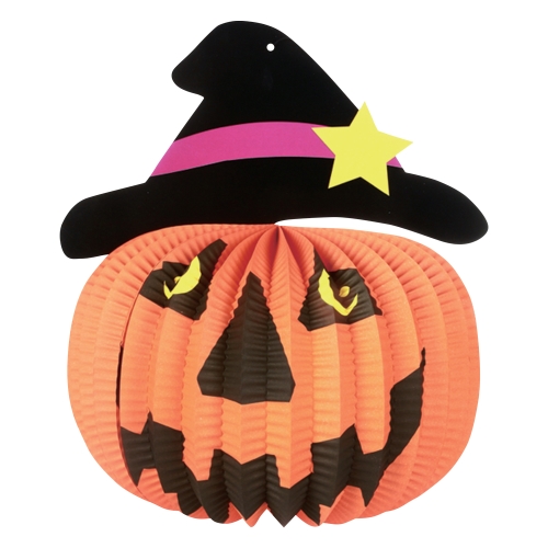 330344 Lampion 26 cm Halloween - Tekvica s klobukom, papierovy, gulaty