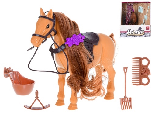 2asstd color (light brown, dark brown) 17cm plastic horse w/accessories in OTB