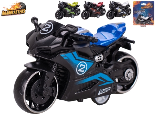 Roadblasters 4asstd color (white,green,red,blue) 9cm die cast pull back motorbike on BC