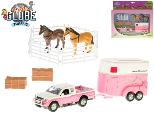 13cm die cast pull back Kids Globe Mitsubishi (pink color) w/horse trailer & accessories i