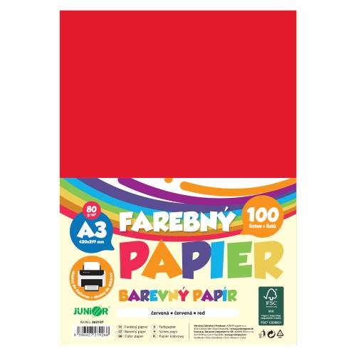 Farebný papier A3 80g/m2, bal/100 ks - červená