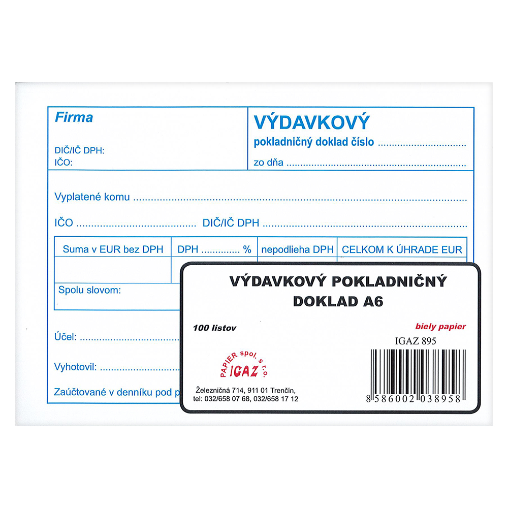Výdavkový pokladničný doklad obyčajný s DPH pre jednoduché účtovníctvo A6, 100 l. (895)