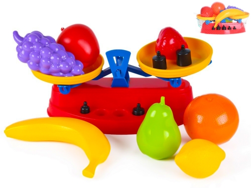 Plastic kitchen scale with fruit in net