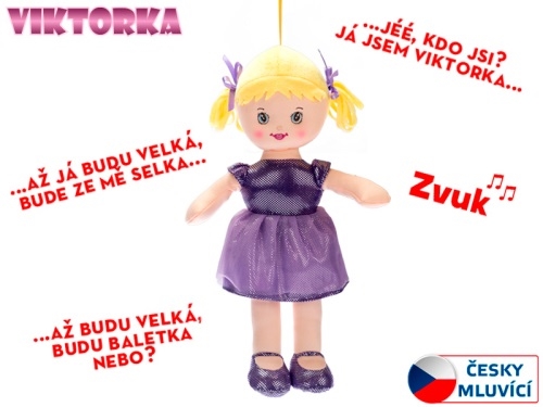 Bábika Viktorka handrová 32cm česky hovoriaca na batérie fialová 0m+ v sáčku
