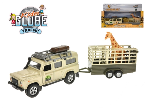 14cm die cast pull back Kids Globe Traffic "Land Rover Defender" w/giraffe trailer in WBX