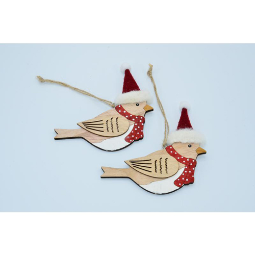Dekorácia závesná - vianočný vtáčik drevený 12 cm, sada 2 ks