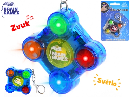 Brain Games 3asstd color (black,blue,white) 5x5cm BO "try me" keychain/memory game w/light
