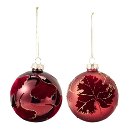 8 cm burgundy glass Christmas ornament, decorated with velvet leaves (assorted / price per (1)