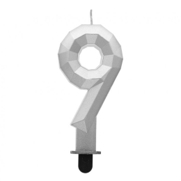 Sviečka tortová - číslica "9" Diamant 7,6 cm, strieborná metalická