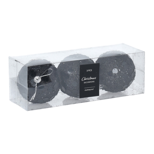 Vianočné gule 80 mm - čierne s flitrami (sada 3 ks)