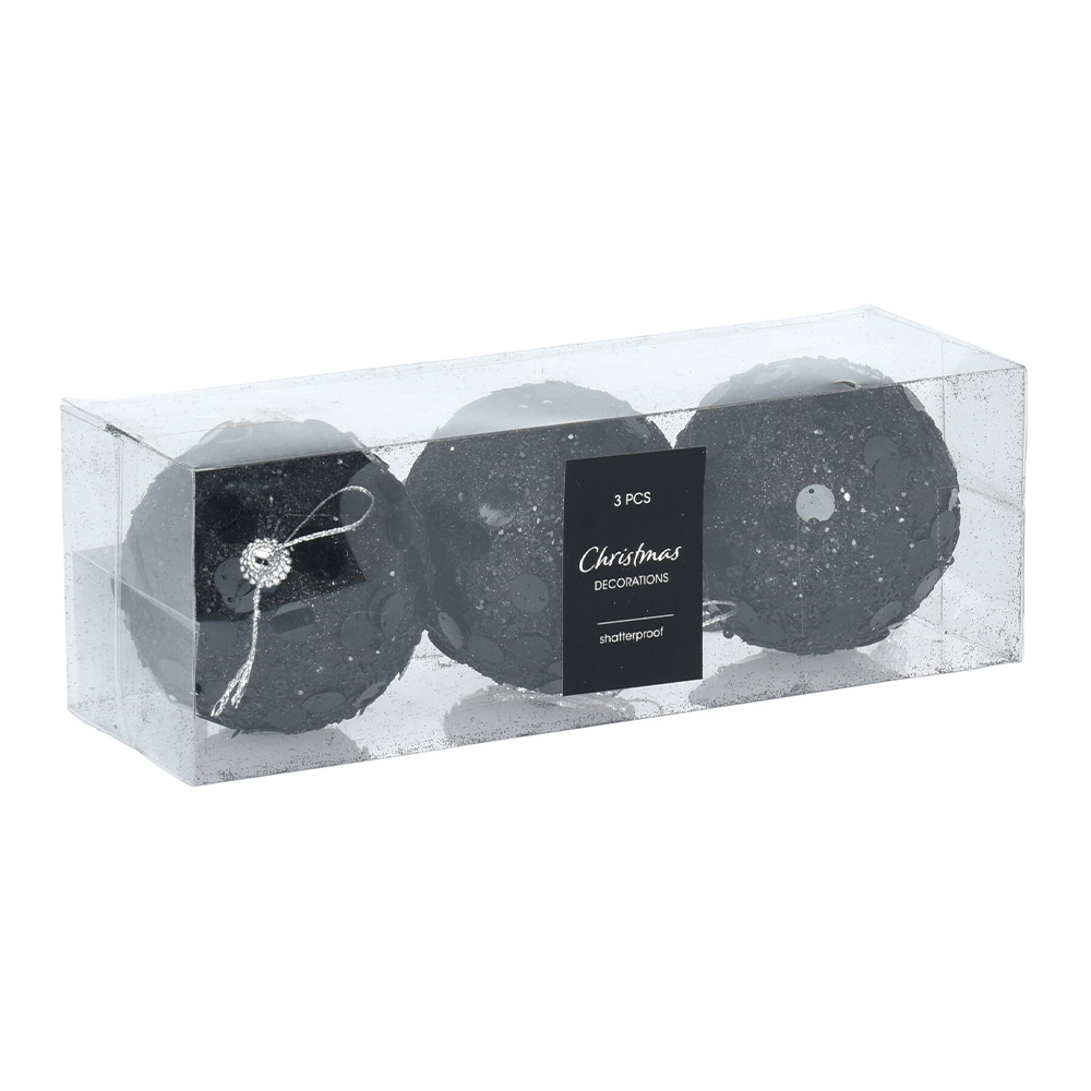 Vianočné gule 80 mm - čierne s flitrami (sada 3 ks)