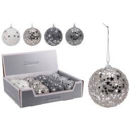 Christmas ball 80 mm glittered - silver (mix of designs, price /1 pc)