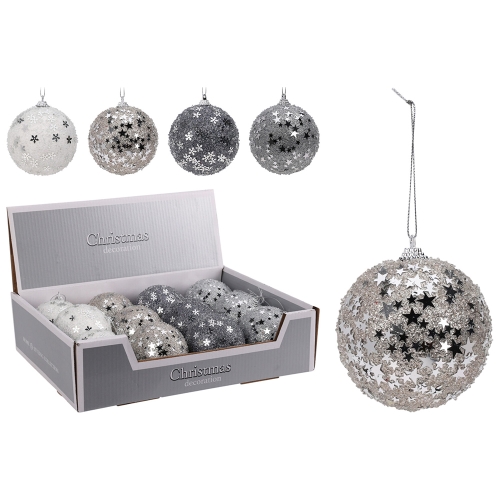 Christmas ball 80 mm glittered - silver (mix of designs, price /1 pc)