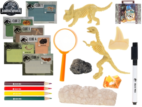 Jurský svet-kufrík prieskumníka s lupou,písacími potrebami a so sadou dinosaurích fosílií
